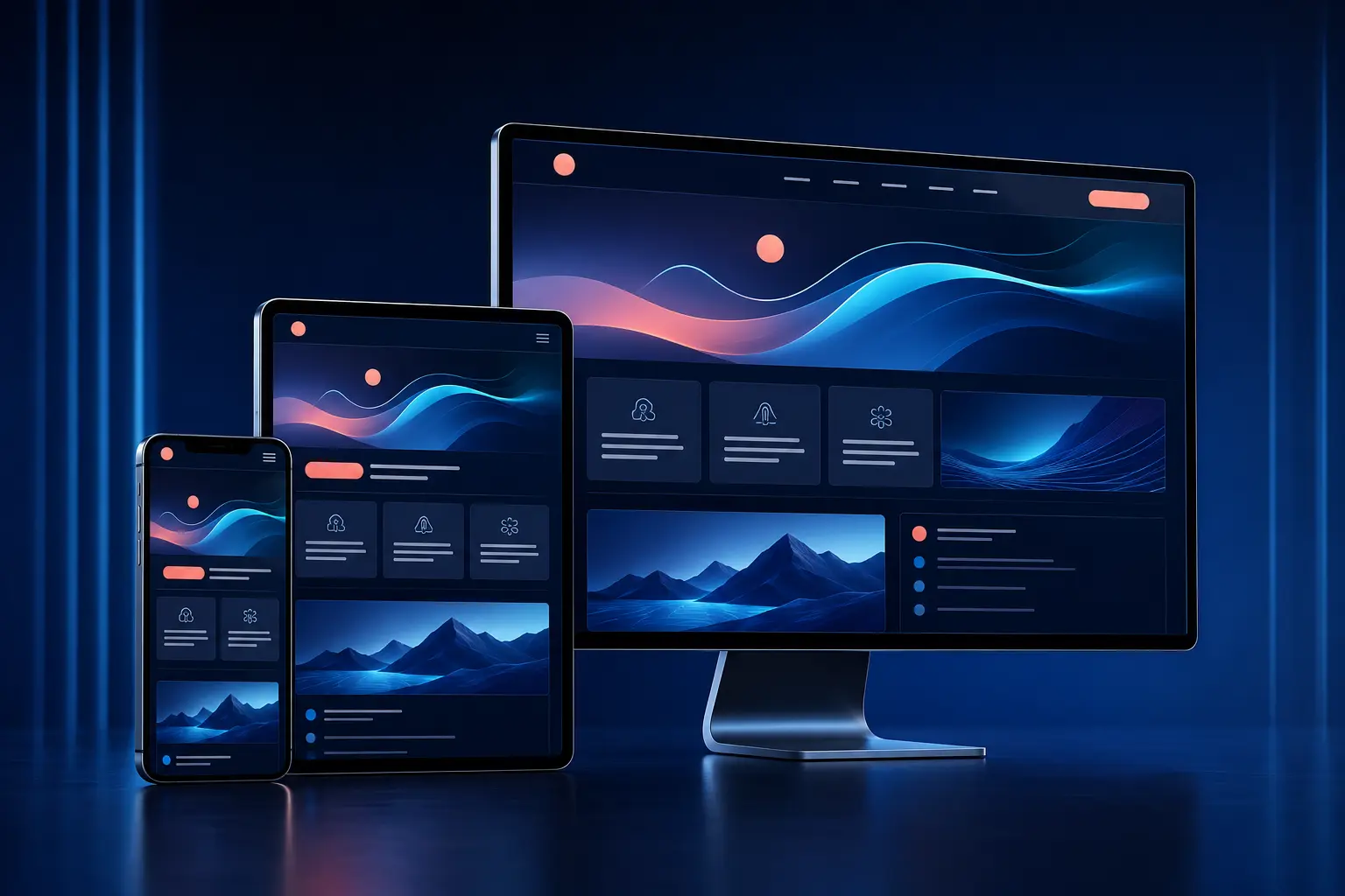 Interfaz web adaptable mostrada correctamente en celular, tableta y computadora