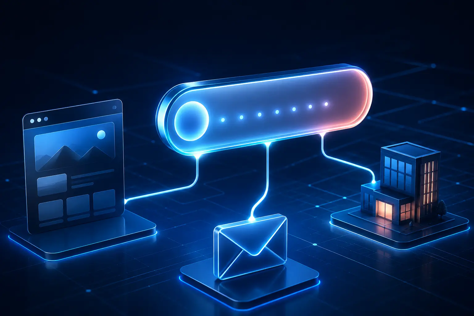 Representación visual de un dominio web conectado con una página y servicios digitales